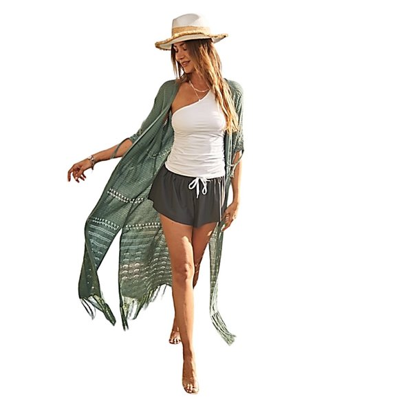 Blue Sage Cold Shoulder Long Fringed Bohemian Cardigan Duster Kimono DWJ8 - Picture 3 of 7